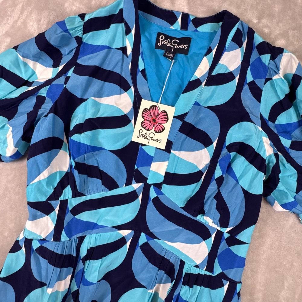 Lesley Evers Caroline Twist Navy Geometric Abstract Midi Dress Blue Large NEW